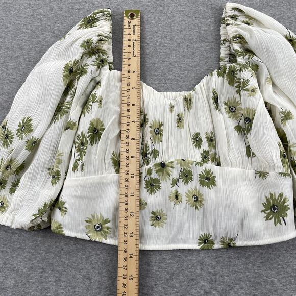 Abercrombie & Fitch Top Womens S Floral Puff Sleeve Crop Green White Crinkle - Picture 7 of 16